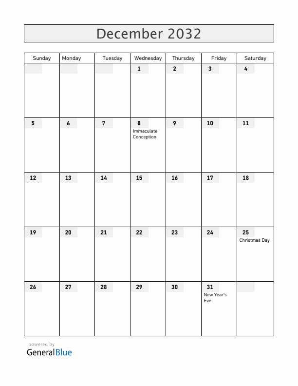 Chile December 2032 Calendar with Holidays