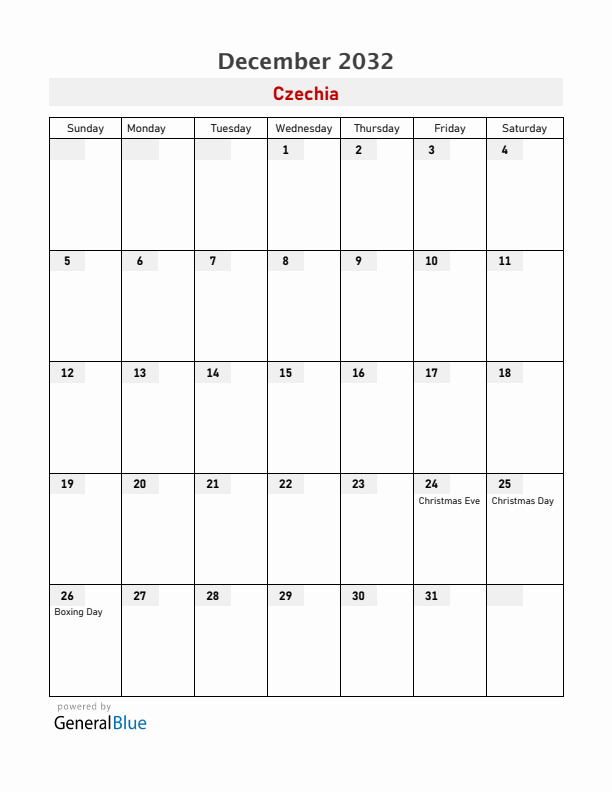 Czechia December 2032 Calendar with Holidays