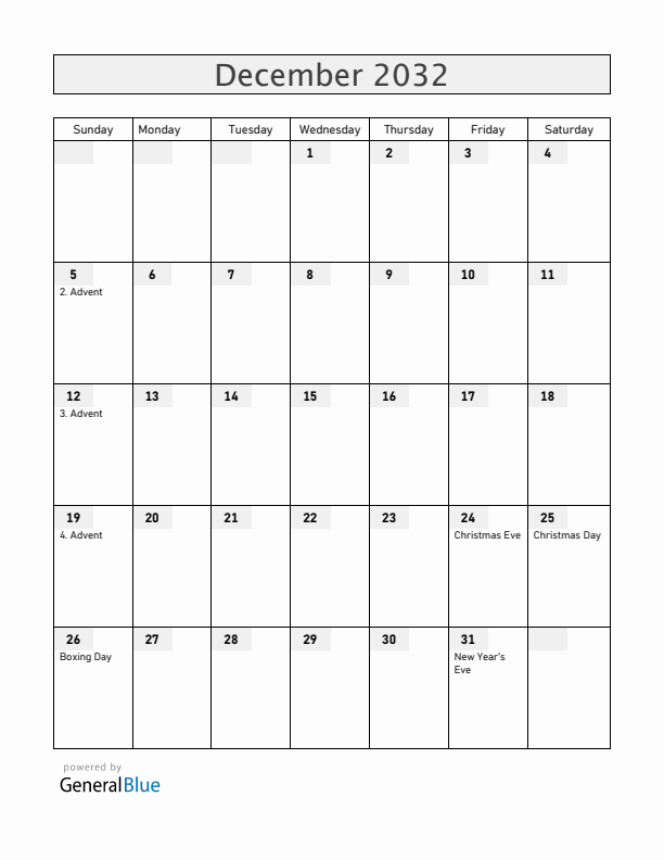 Germany December 2032 Calendar with Holidays
