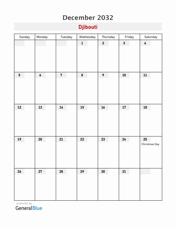 Djibouti December 2032 Calendar with Holidays