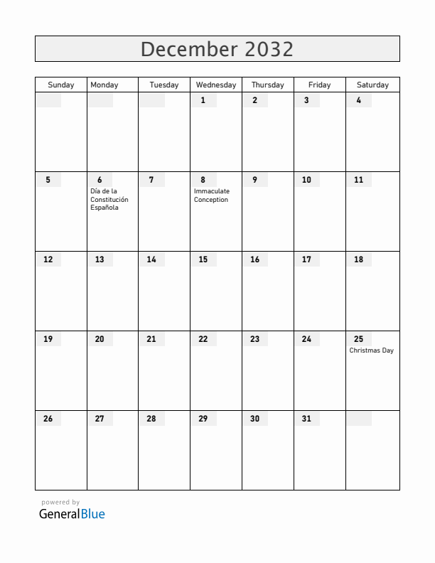 Spain December 2032 Calendar with Holidays