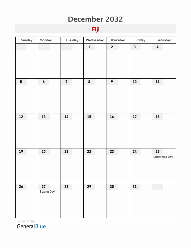 Fiji December 2032 Calendar with Holidays