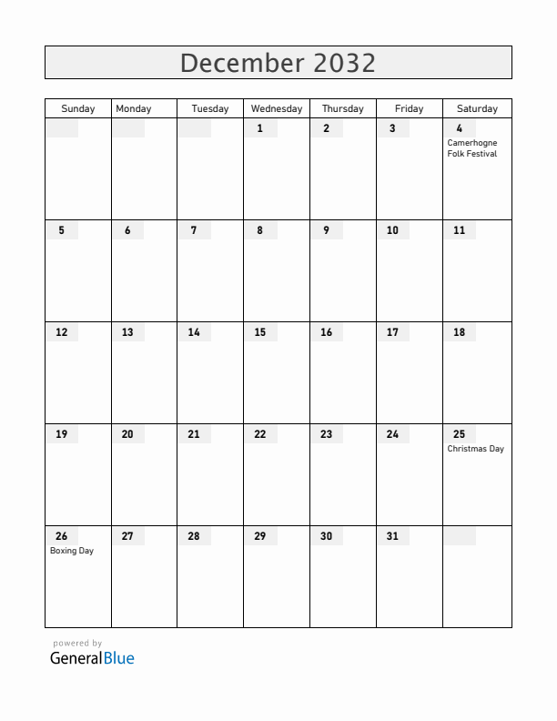 Grenada December 2032 Calendar with Holidays