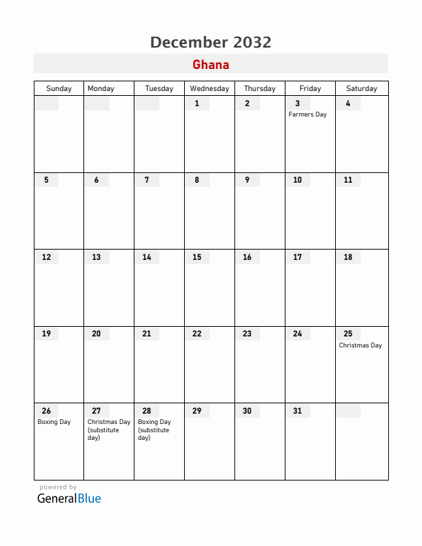 Ghana December 2032 Calendar with Holidays