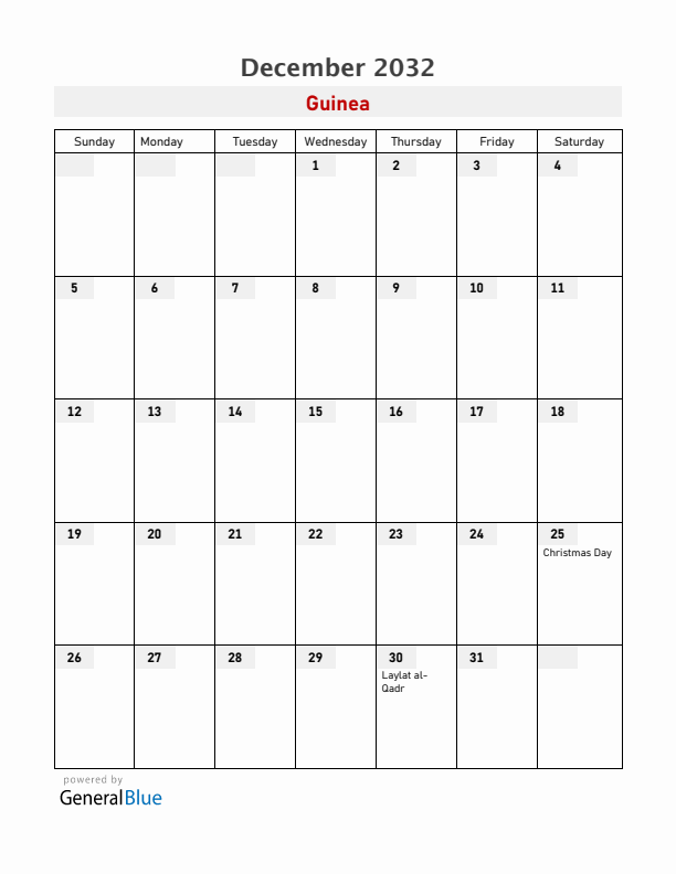 Guinea December 2032 Calendar with Holidays