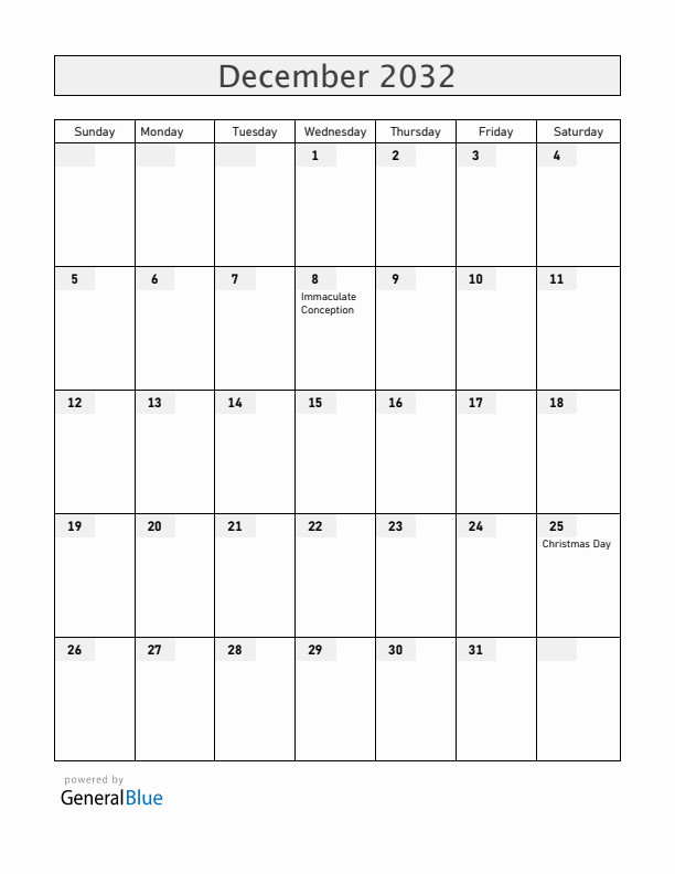 Equatorial Guinea December 2032 Calendar with Holidays