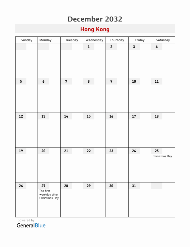 Hong Kong December 2032 Calendar with Holidays