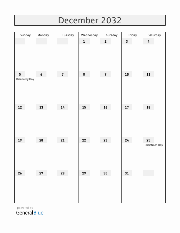 Haiti December 2032 Calendar with Holidays