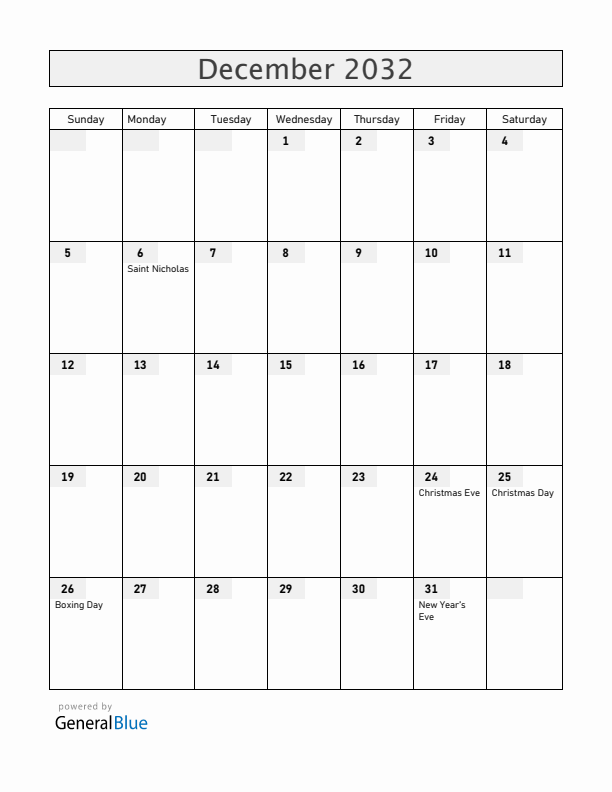 Hungary December 2032 Calendar with Holidays