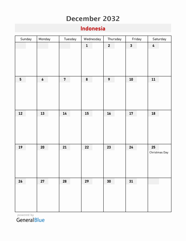 Indonesia December 2032 Calendar with Holidays