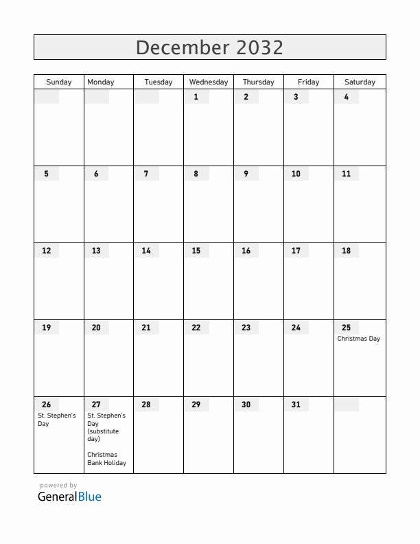 Ireland December 2032 Calendar with Holidays