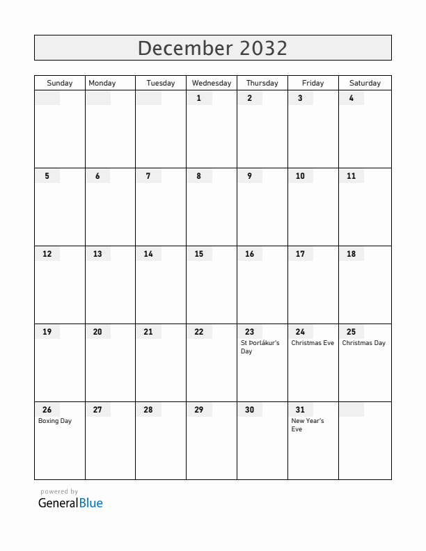 Iceland December 2032 Calendar with Holidays