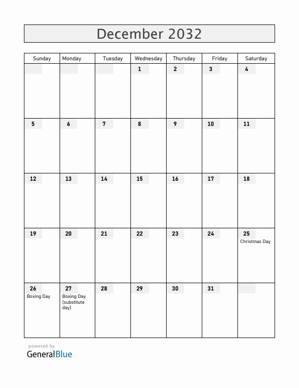 Jamaica December 2032 Calendar with Holidays