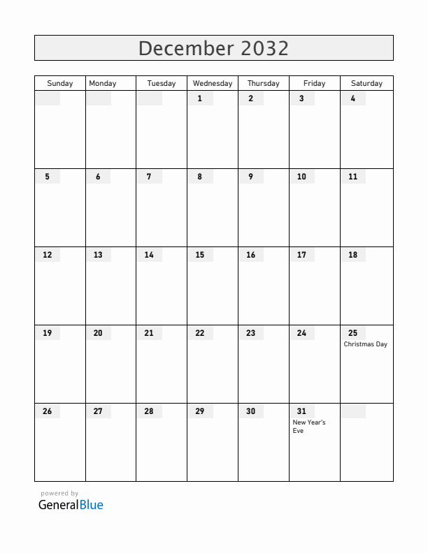 Japan December 2032 Calendar with Holidays