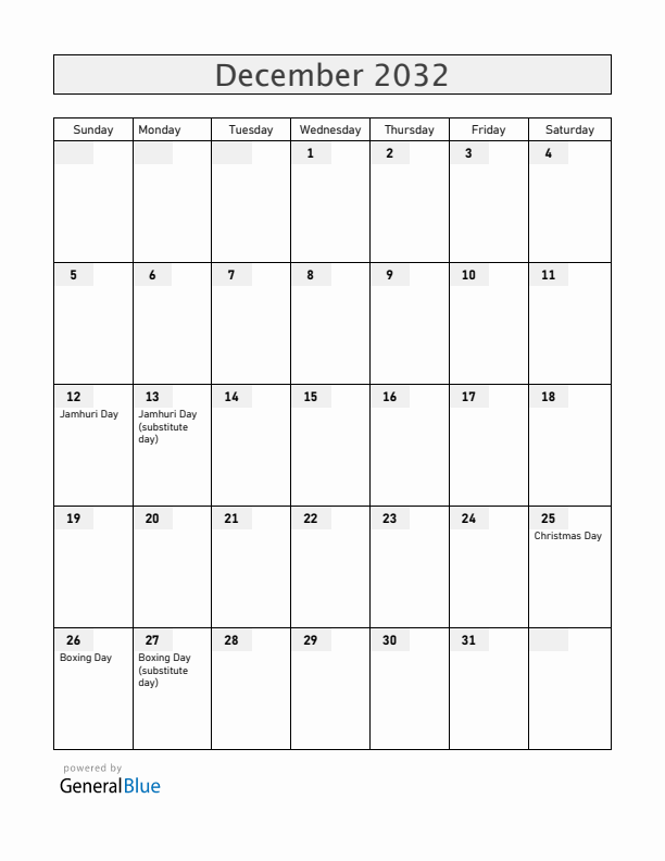 Kenya December 2032 Calendar with Holidays