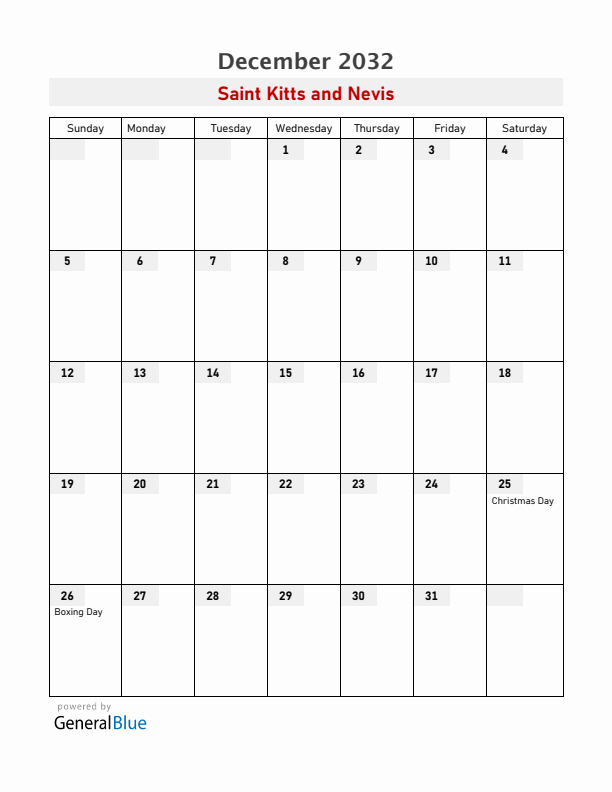 Saint Kitts and Nevis December 2032 Calendar with Holidays