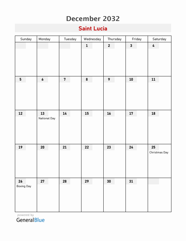 Saint Lucia December 2032 Calendar with Holidays