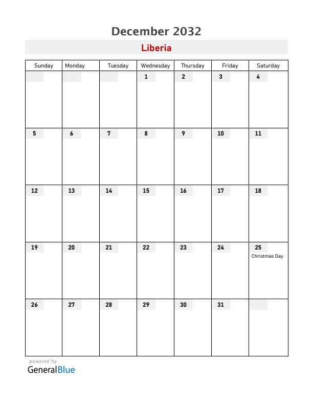 Liberia December 2032 Calendar with Holidays
