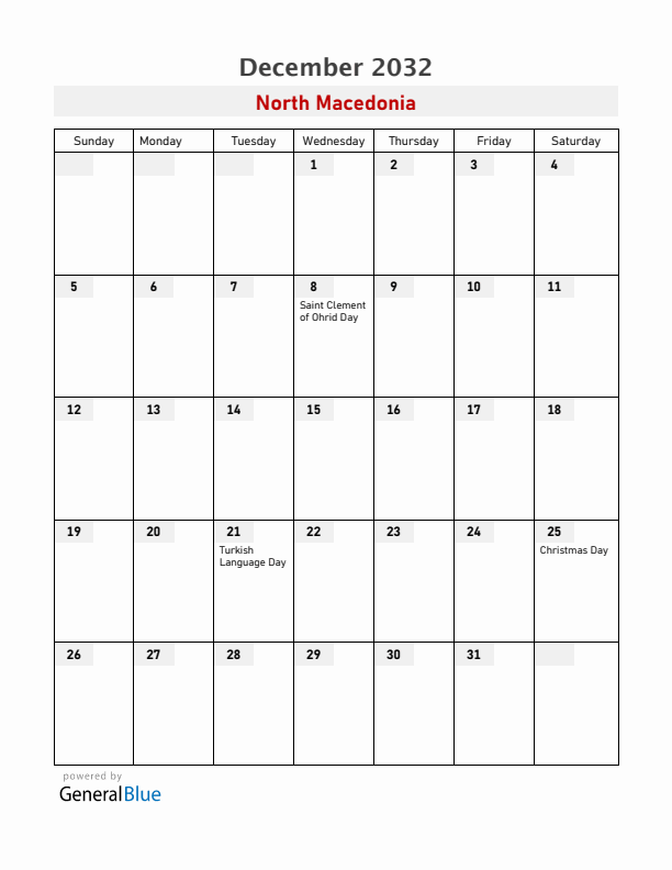 North Macedonia December 2032 Calendar with Holidays
