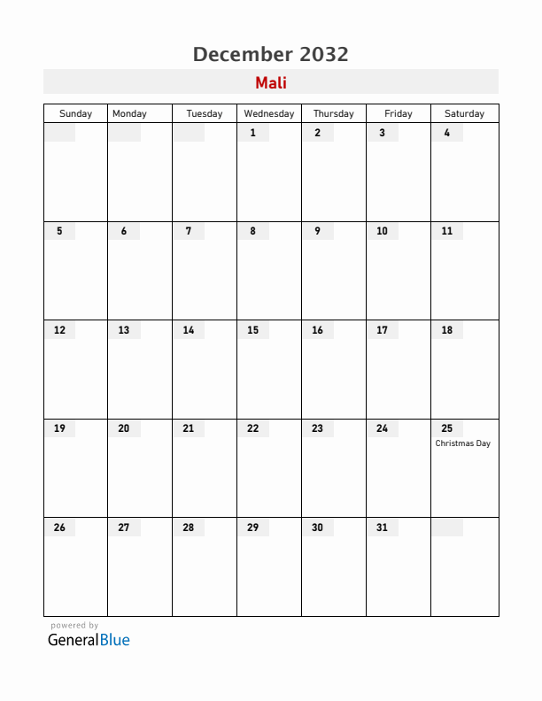 Mali December 2032 Calendar with Holidays