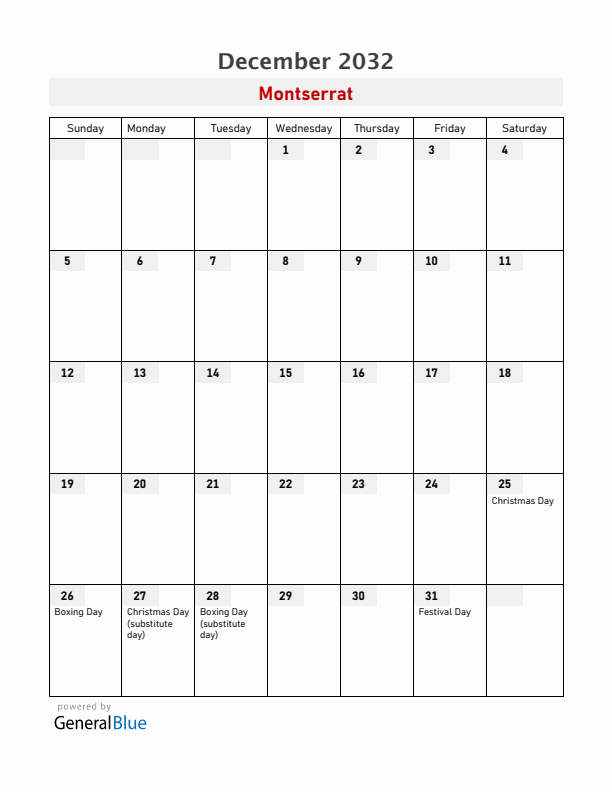 Montserrat December 2032 Calendar with Holidays