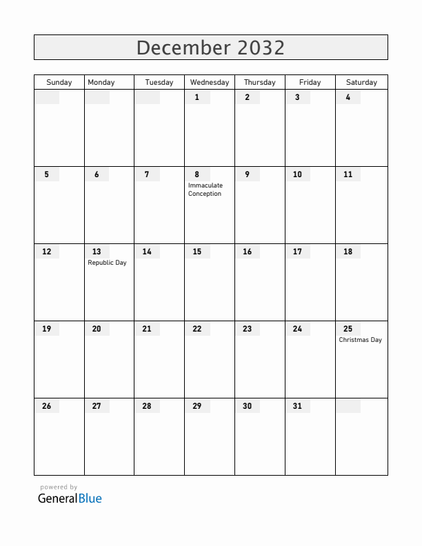 Malta December 2032 Calendar with Holidays