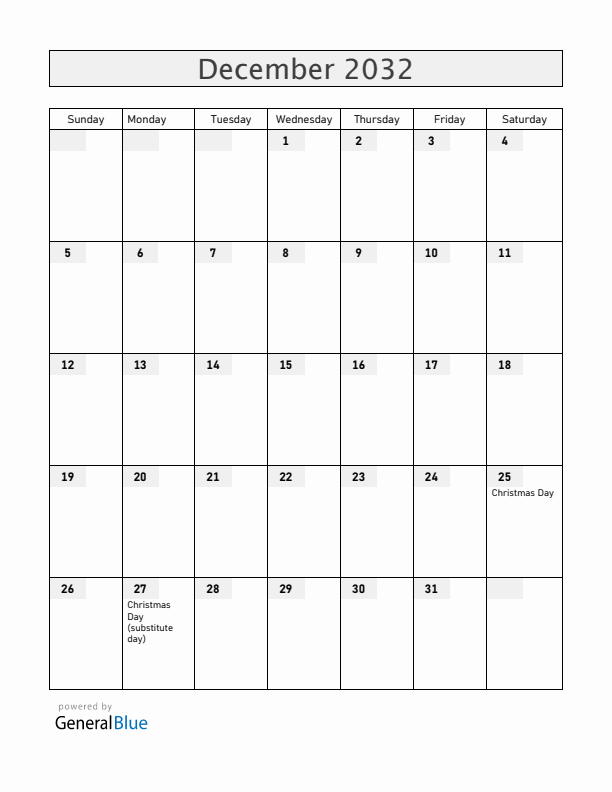Malawi December 2032 Calendar with Holidays