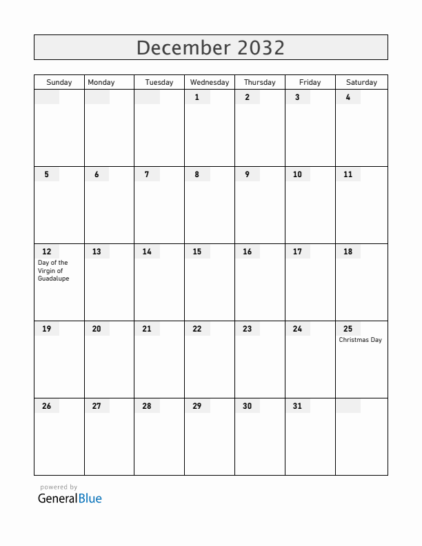 Mexico December 2032 Calendar with Holidays