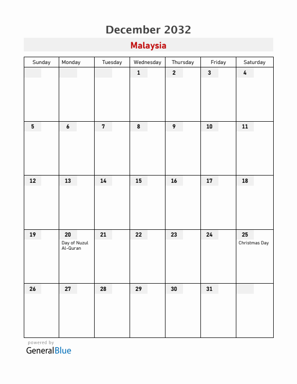 Malaysia December 2032 Calendar with Holidays