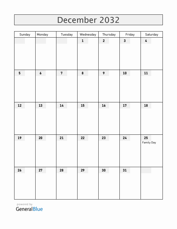 Mozambique December 2032 Calendar with Holidays