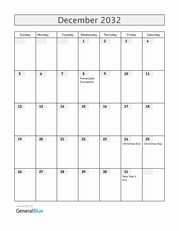 Nicaragua December 2032 Calendar with Holidays