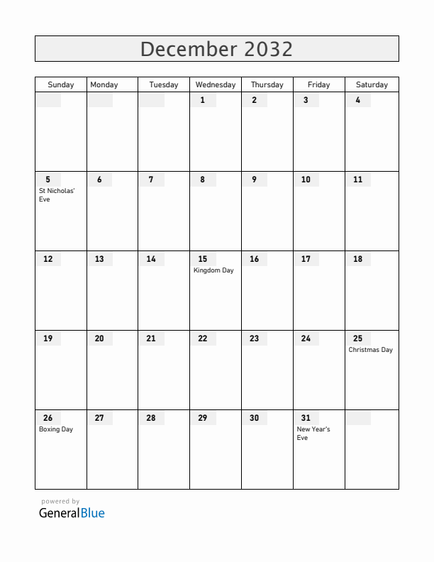 The Netherlands December 2032 Calendar with Holidays