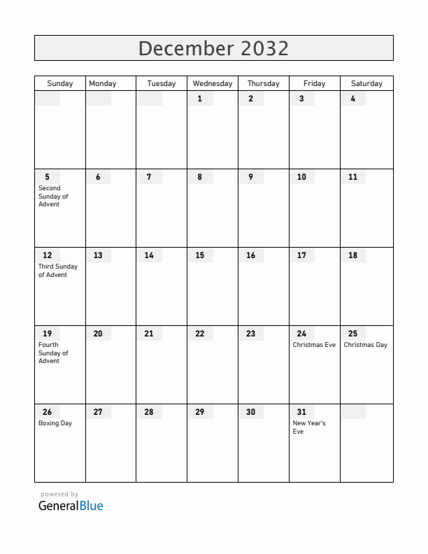 Norway December 2032 Calendar with Holidays