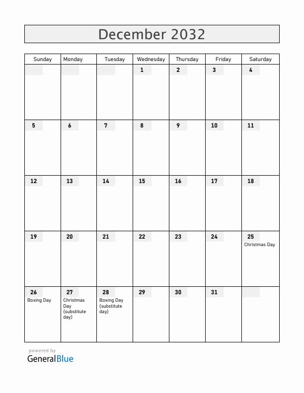 New Zealand December 2032 Calendar with Holidays