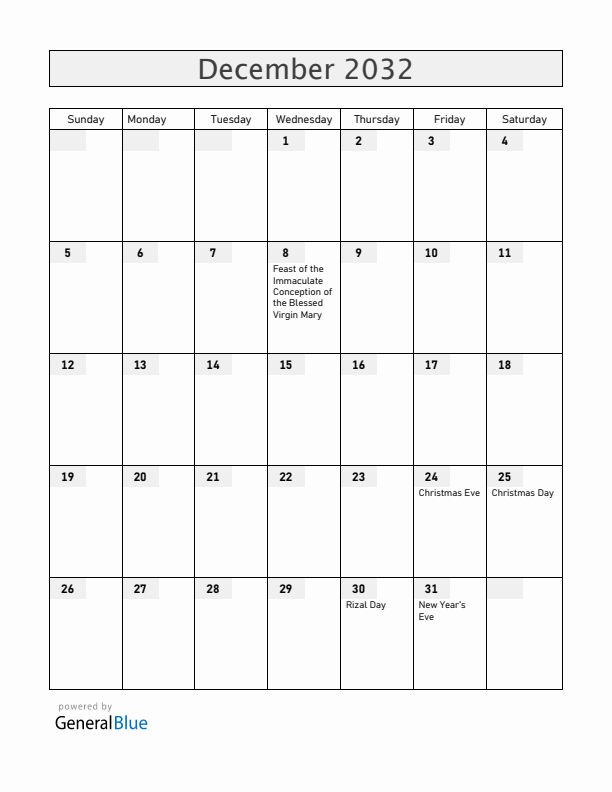 Philippines December 2032 Calendar with Holidays