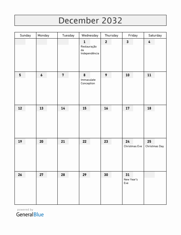Portugal December 2032 Calendar with Holidays