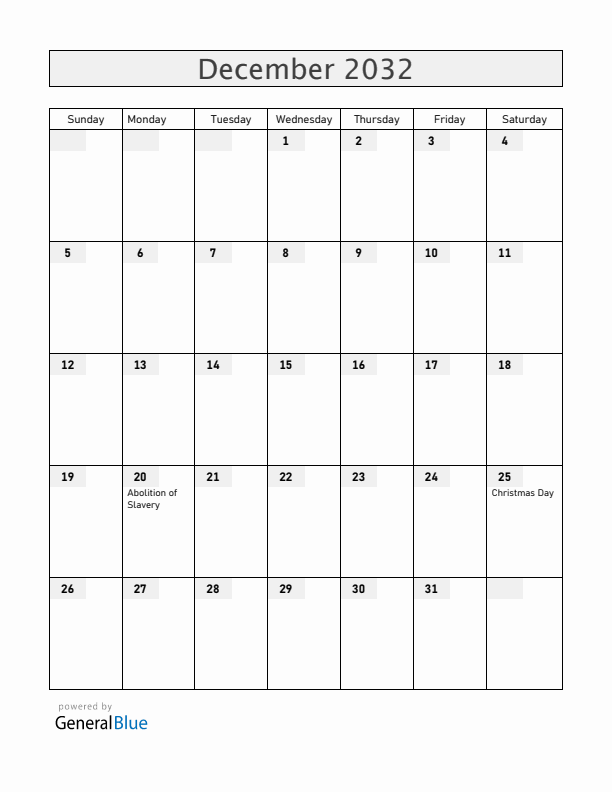 Reunion December 2032 Calendar with Holidays