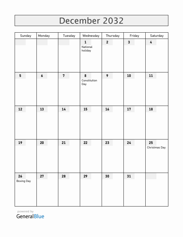 Romania December 2032 Calendar with Holidays