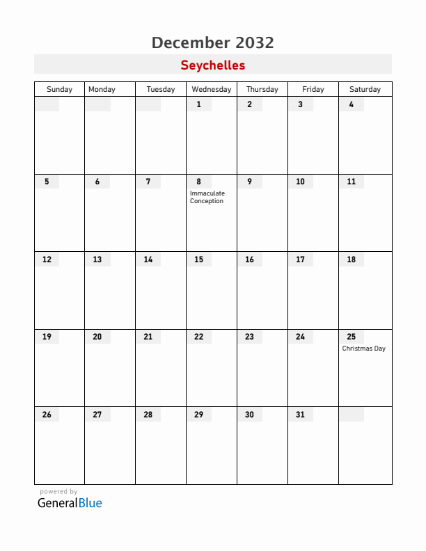 Seychelles December 2032 Calendar with Holidays