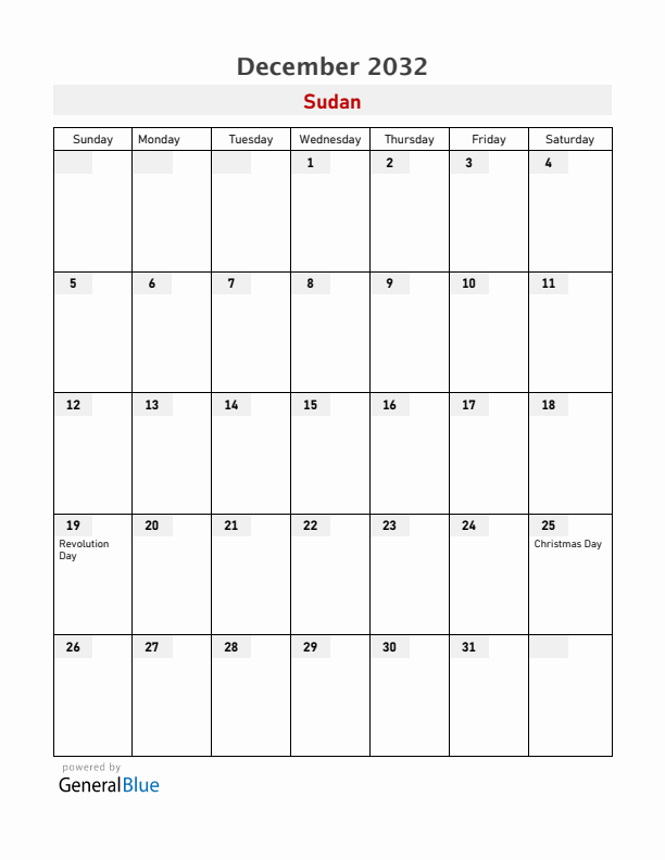 Sudan December 2032 Calendar with Holidays