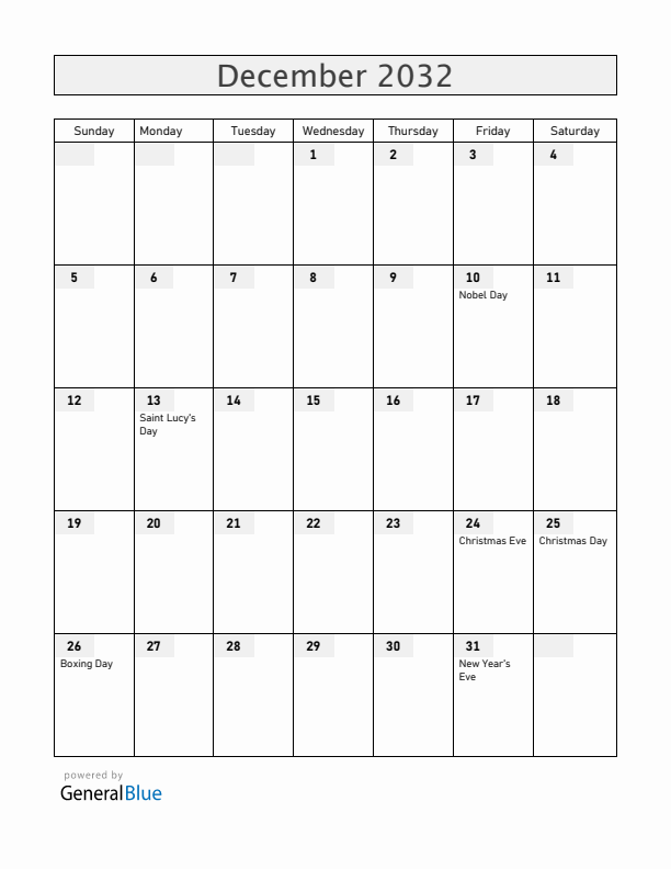 Sweden December 2032 Calendar with Holidays