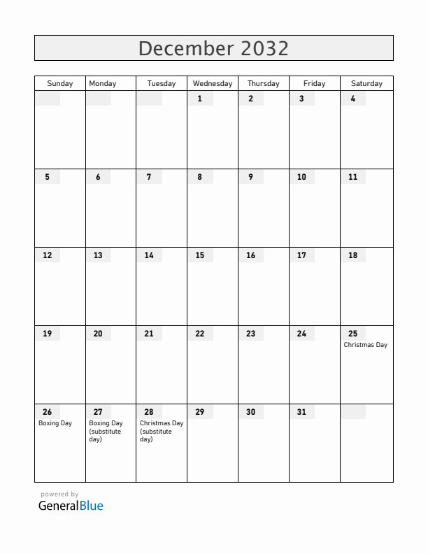 Saint Helena December 2032 Calendar with Holidays