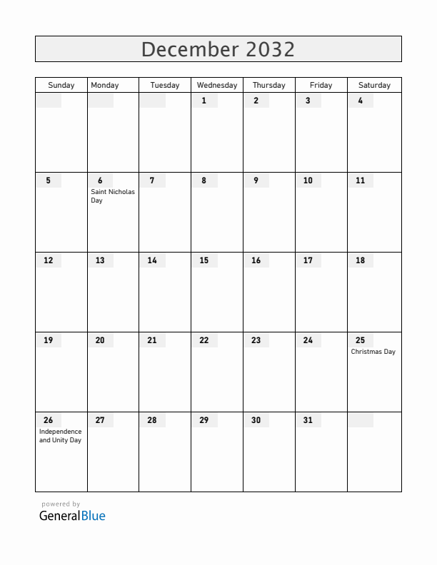 Slovenia December 2032 Calendar with Holidays