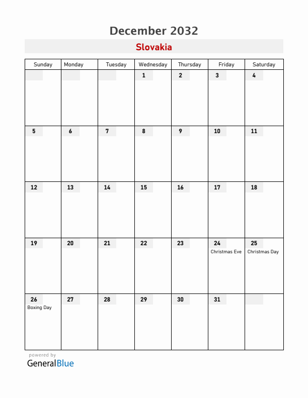 Slovakia December 2032 Calendar with Holidays
