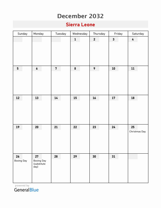 Sierra Leone December 2032 Calendar with Holidays