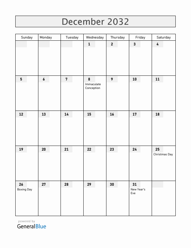 San Marino December 2032 Calendar with Holidays