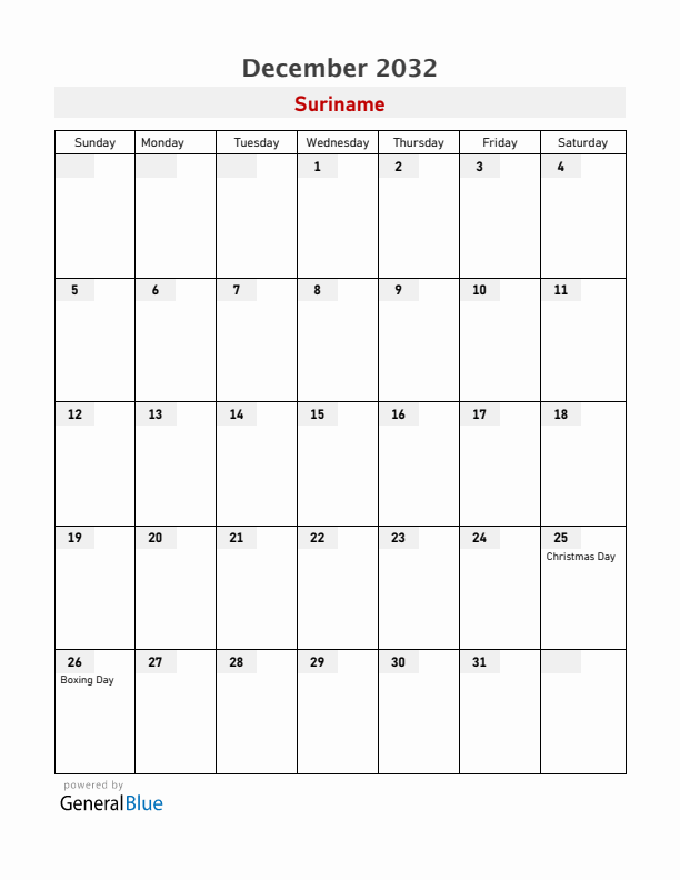 Suriname December 2032 Calendar with Holidays