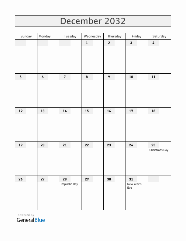 South Sudan December 2032 Calendar with Holidays