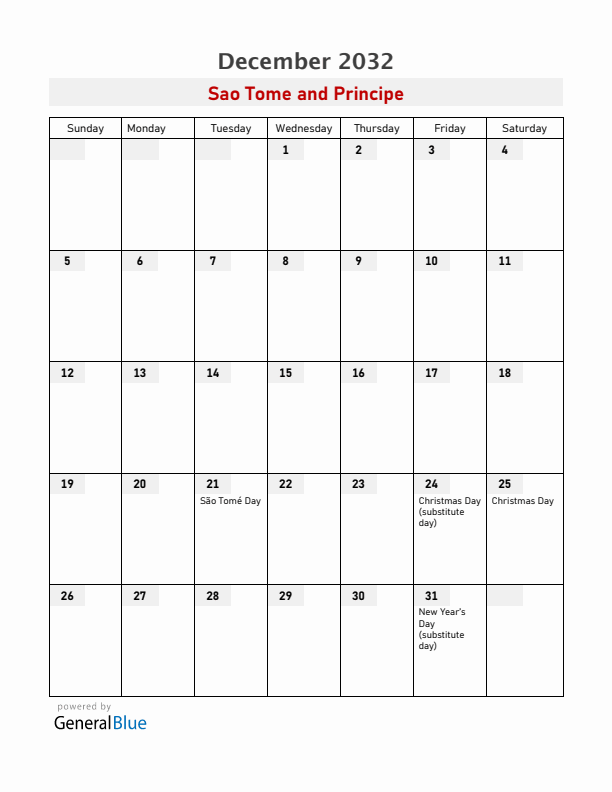 Sao Tome and Principe December 2032 Calendar with Holidays