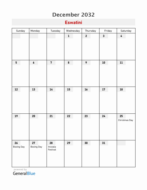 Eswatini December 2032 Calendar with Holidays